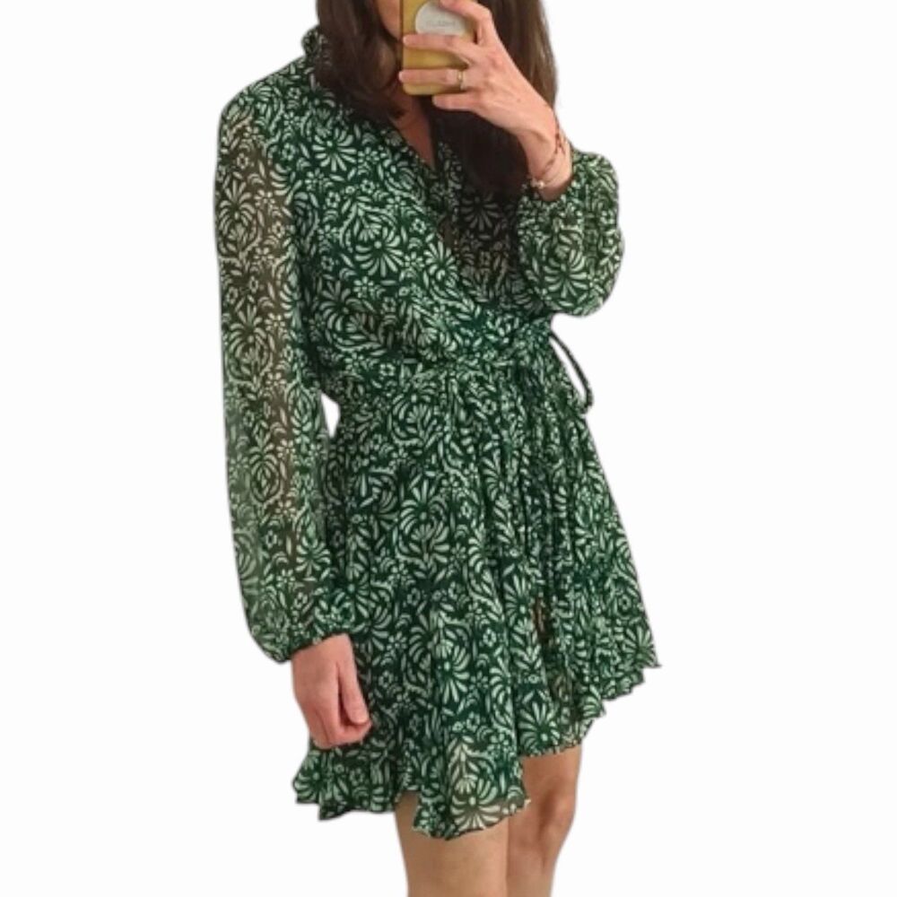 Zara Green Floral Chiffon Skater Mini Dress Sheer Balloon Sleeve Belted Size S